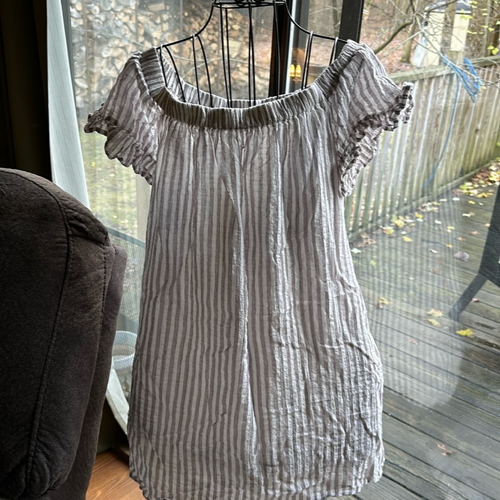 Hem & Thread Striped Off-Shoulder Dress - Gray and White